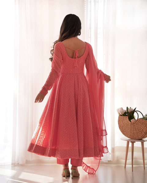 Elegant Peach Pink Embroidered Anarkali Suit with Dupatta