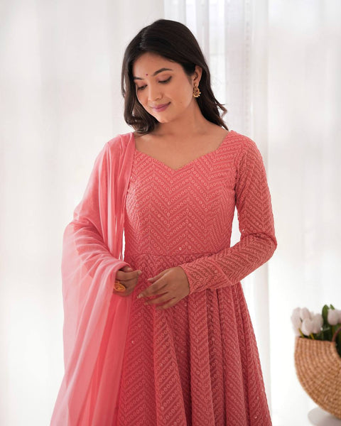Elegant Peach Pink Embroidered Anarkali Suit with Dupatta
