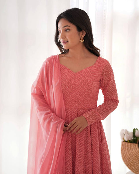 Elegant Peach Pink Embroidered Anarkali Suit with Dupatta
