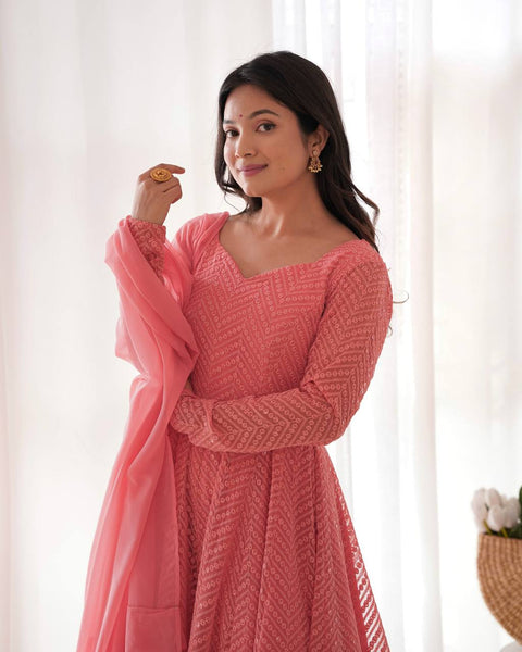 Elegant Peach Pink Embroidered Anarkali Suit with Dupatta