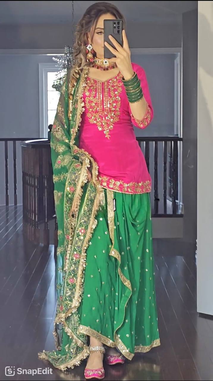Elegant Pink and Green Embroidered Dhoti Top with Matching Dupatta