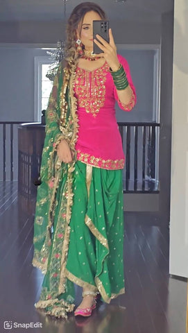 Elegant Pink and Green Embroidered Dhoti Top with Matching Dupatta