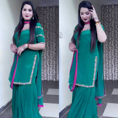 Green Georgette Saree Style Suit with Embroidered Border & Dupatta