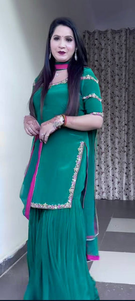 Green Georgette Saree Style Suit with Embroidered Border & Dupatta