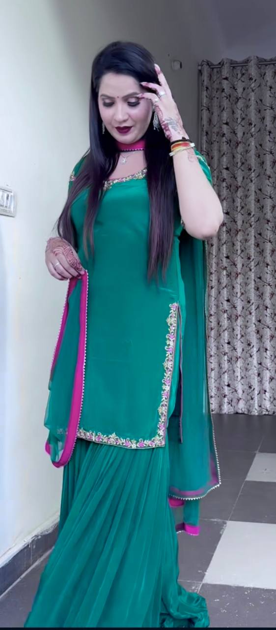 Green Georgette Saree Style Suit with Embroidered Border & Dupatta