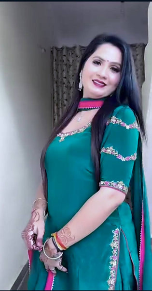 Green Georgette Saree Style Suit with Embroidered Border & Dupatta