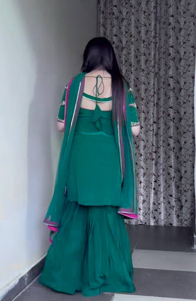 Green Georgette Saree Style Suit with Embroidered Border & Dupatta