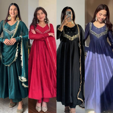 Elegant Silk Embroidered Long Gown with Dupatta