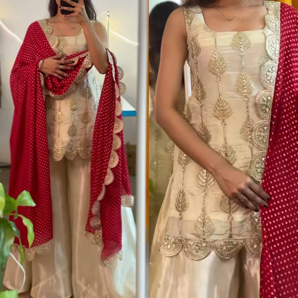 Graceful Beige Sharara Suit with Maroon Dupatta