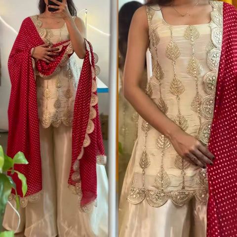 Graceful Beige Sharara Suit with Maroon Dupatta