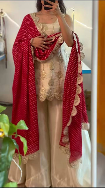 Graceful Beige Sharara Suit with Maroon Dupatta