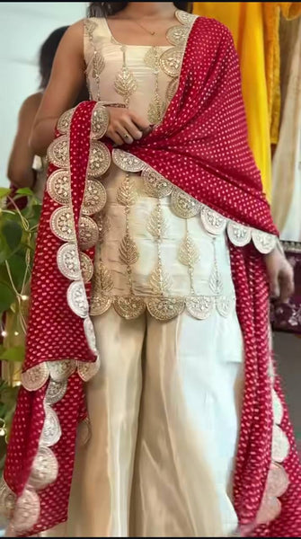 Graceful Beige Sharara Suit with Maroon Dupatta