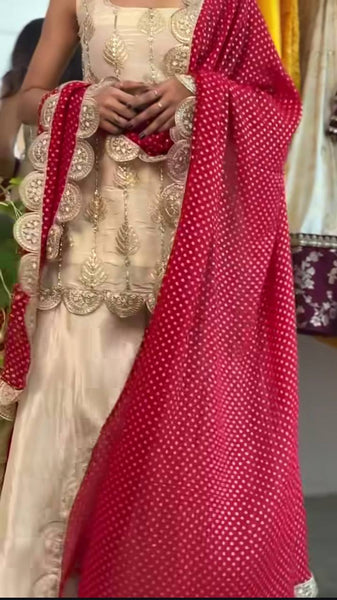 Graceful Beige Sharara Suit with Maroon Dupatta