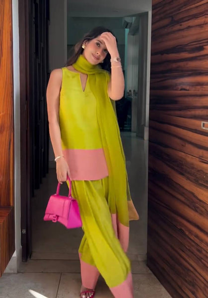 Lime Green & Pink Contrast  Farsi Salwar Suit – Chic Contemporary Style