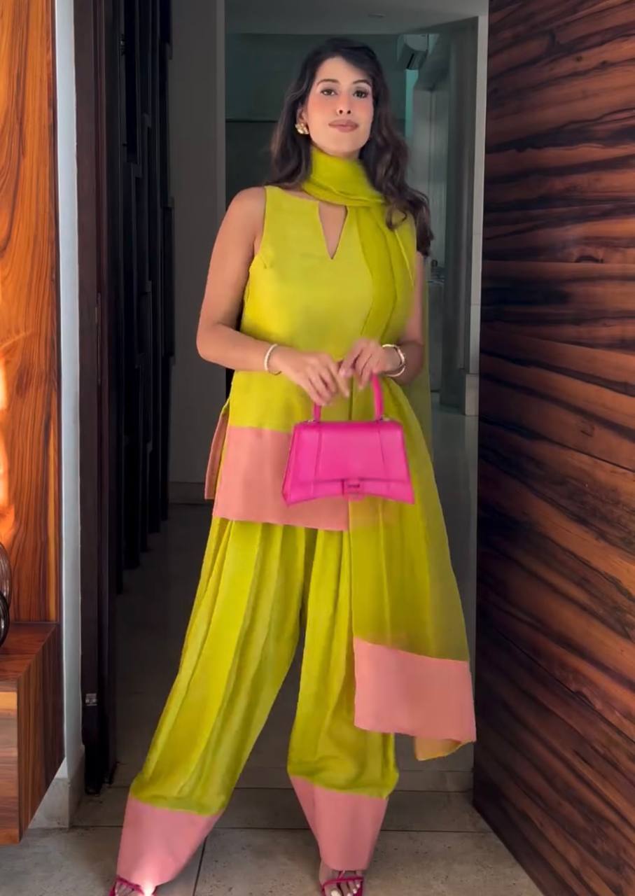 Lime Green & Pink Contrast  Farsi Salwar Suit – Chic Contemporary Style