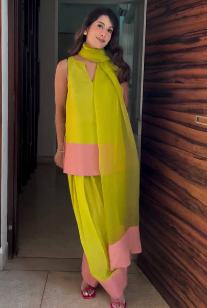 Lime Green & Pink Contrast  Farsi Salwar Suit – Chic Contemporary Style