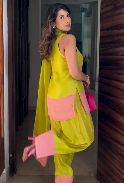 Lime Green & Pink Contrast  Farsi Salwar Suit – Chic Contemporary Style