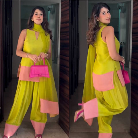 Lime Green & Pink Contrast  Farsi Salwar Suit – Chic Contemporary Style