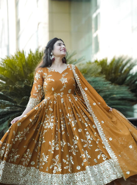 Elegant Coffee Colored Embroidered Georgette Anarkali Suit Set