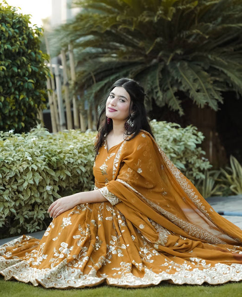 Elegant Coffee Colored Embroidered Georgette Anarkali Suit Set