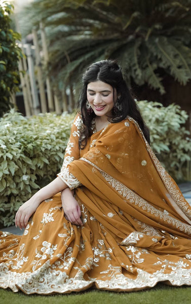 Elegant Coffee Colored Embroidered Georgette Anarkali Suit Set