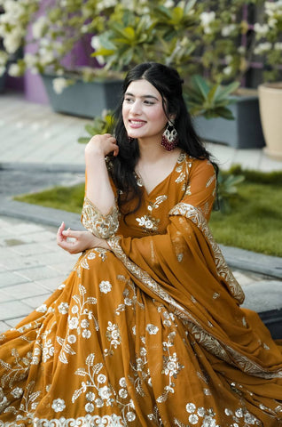 Elegant Coffee Colored Embroidered Georgette Anarkali Suit Set