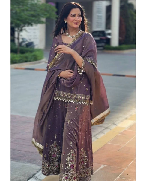 legant Purple Embroidered Suit Set with Dupatta