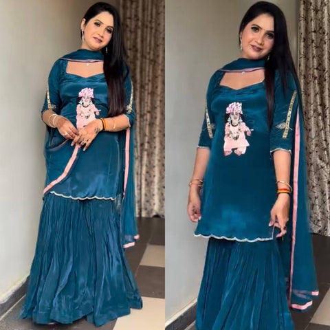 Teal Blue Velvet Sharara Suit with Krishna Motif Embroidery