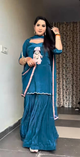Teal Blue Velvet Sharara Suit with Krishna Motif Embroidery