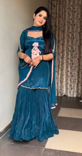Teal Blue Velvet Sharara Suit with Krishna Motif Embroidery