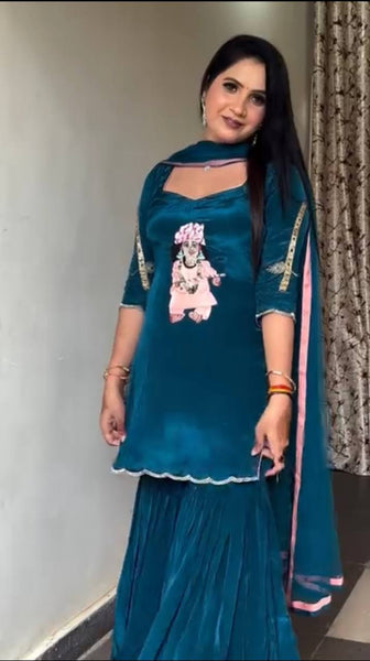 Teal Blue Velvet Sharara Suit with Krishna Motif Embroidery