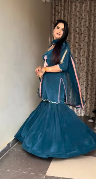 Teal Blue Velvet Sharara Suit with Krishna Motif Embroidery