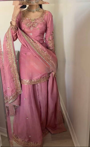 Elegant Pink Embroidered Sharara Suit with Dupatta