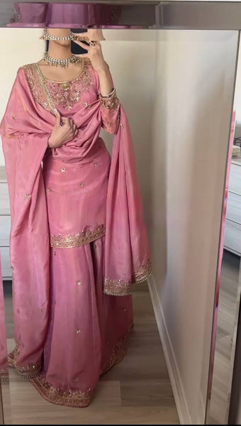 Elegant Pink Embroidered Sharara Suit with Dupatta