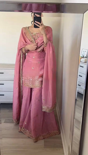 Elegant Pink Embroidered Sharara Suit with Dupatta