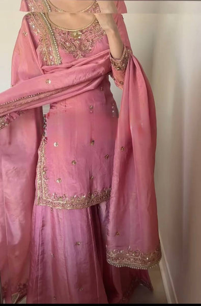 Elegant Pink Embroidered Sharara Suit with Dupatta