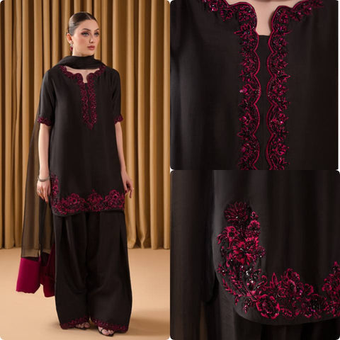 Elegant Black Embroidered Georgette Plazo Suit with Dupatta