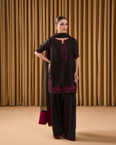 Elegant Black Embroidered Georgette Plazo Suit with Dupatta