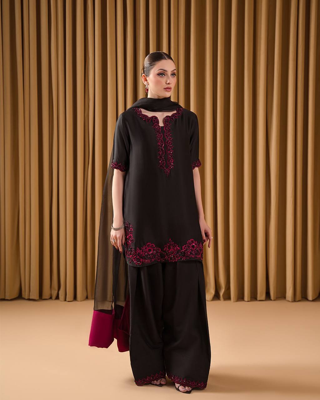 Elegant Black Embroidered Georgette Plazo Suit with Dupatta
