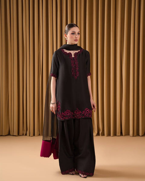 Elegant Black Embroidered Georgette Plazo Suit with Dupatta
