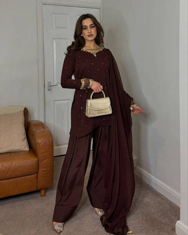 Deep Maroon Embellished Salwar Suit with Golden Embroidered Accents