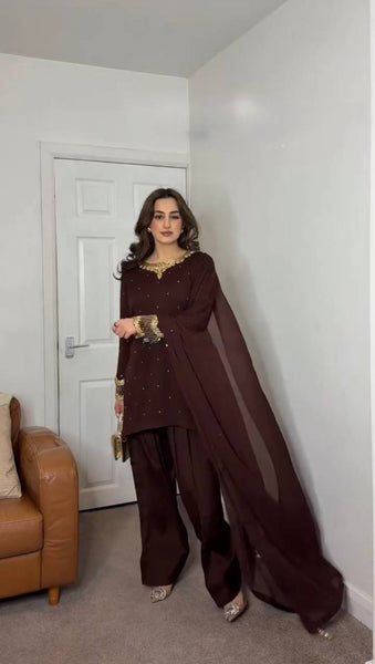 Deep Maroon Embellished Salwar Suit with Golden Embroidered Accents