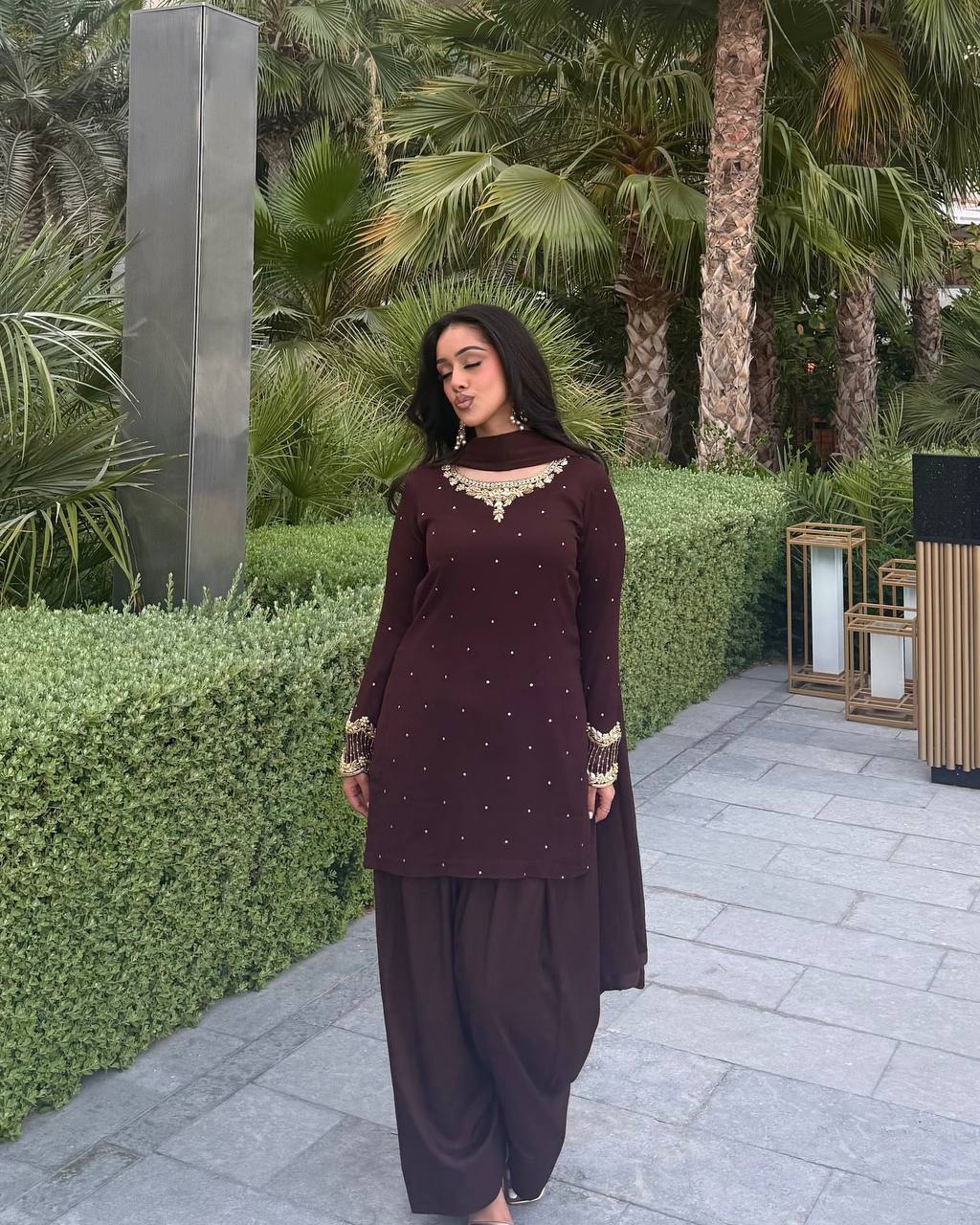 Deep Maroon Embellished Salwar Suit with Golden Embroidered Accents