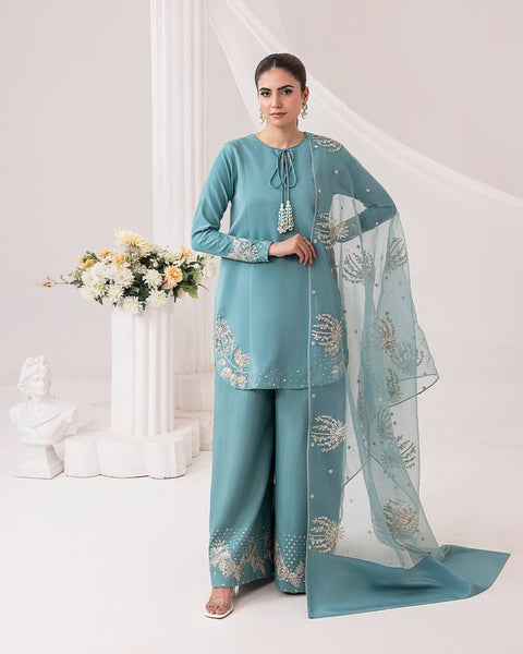 Graceful Sky Blue Embroidered Sharara Suit with Dupatta