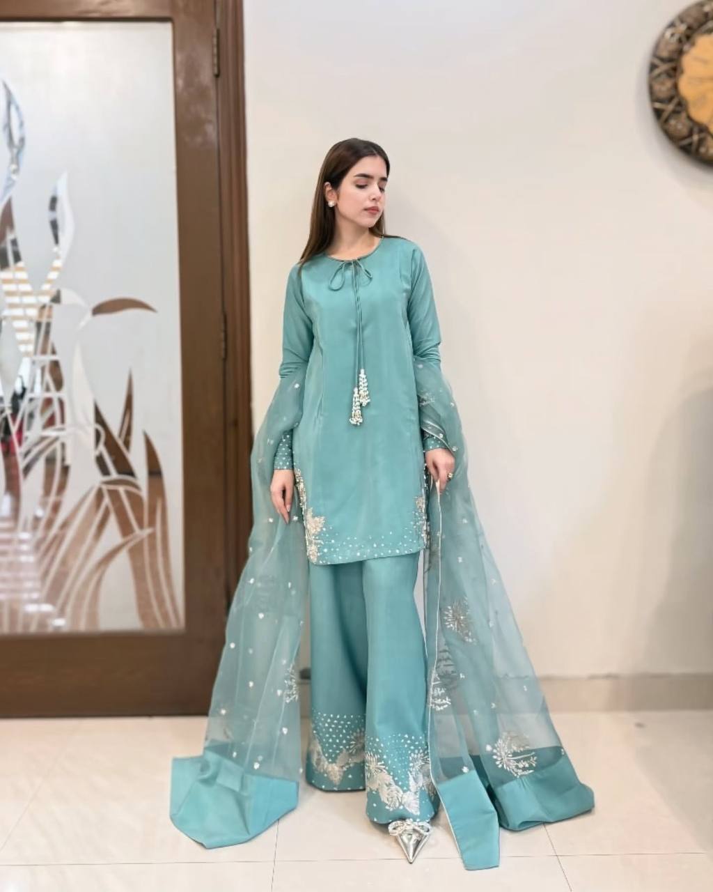Graceful Sky Blue Embroidered Sharara Suit with Dupatta