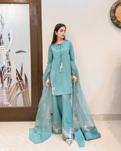 Graceful Sky Blue Embroidered Sharara Suit with Dupatta