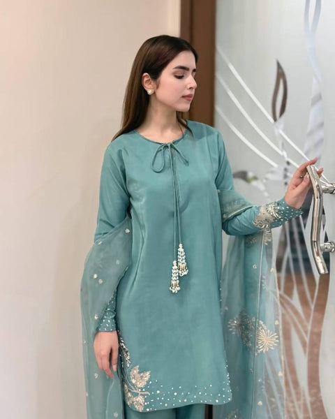 Graceful Sky Blue Embroidered Sharara Suit with Dupatta