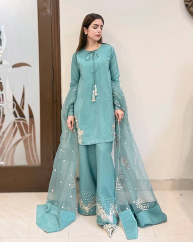 Graceful Sky Blue Embroidered Sharara Suit with Dupatta