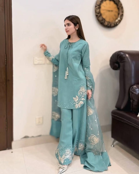 Graceful Sky Blue Embroidered Sharara Suit with Dupatta