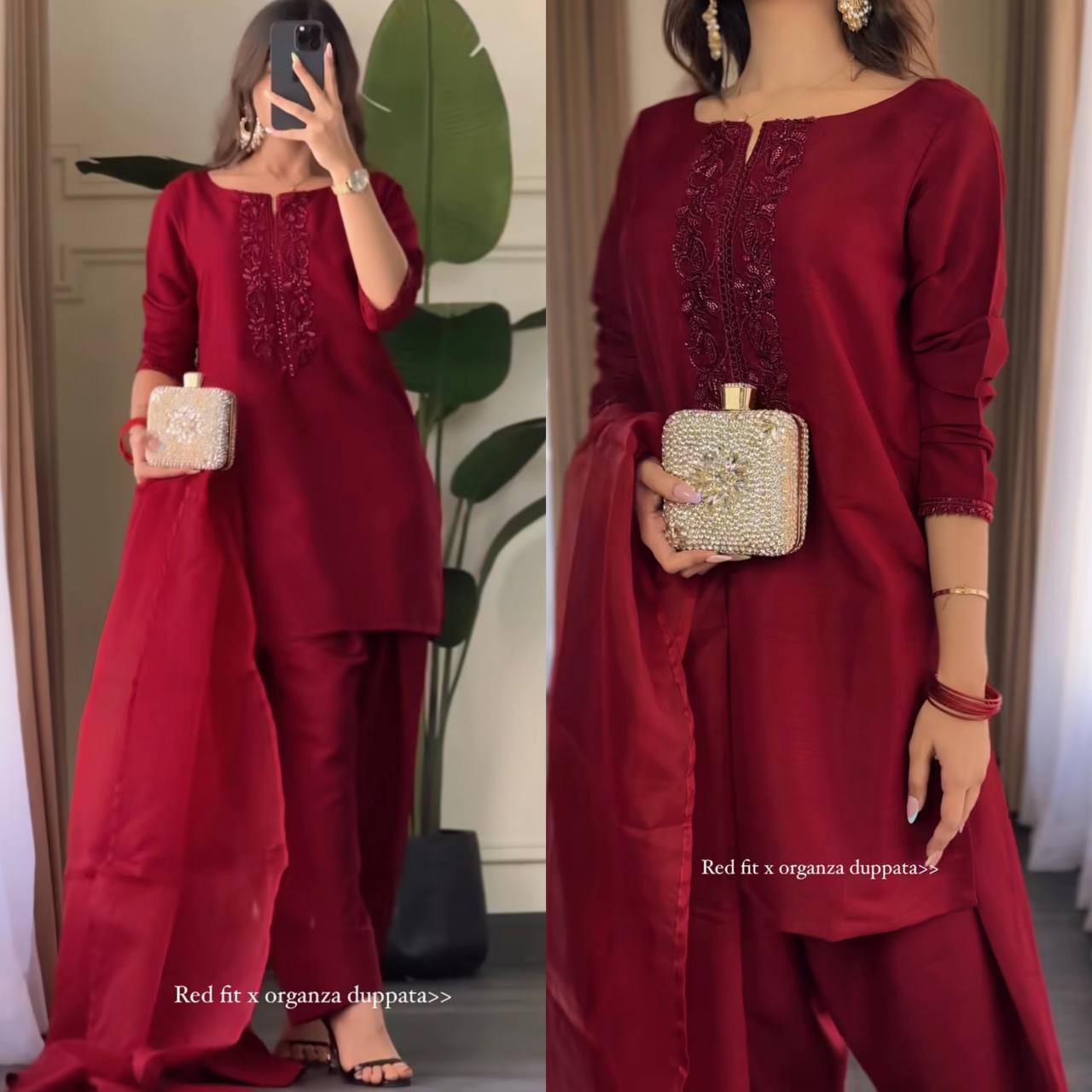 Elegant Red Straight Suit Set with Organza Dupatta